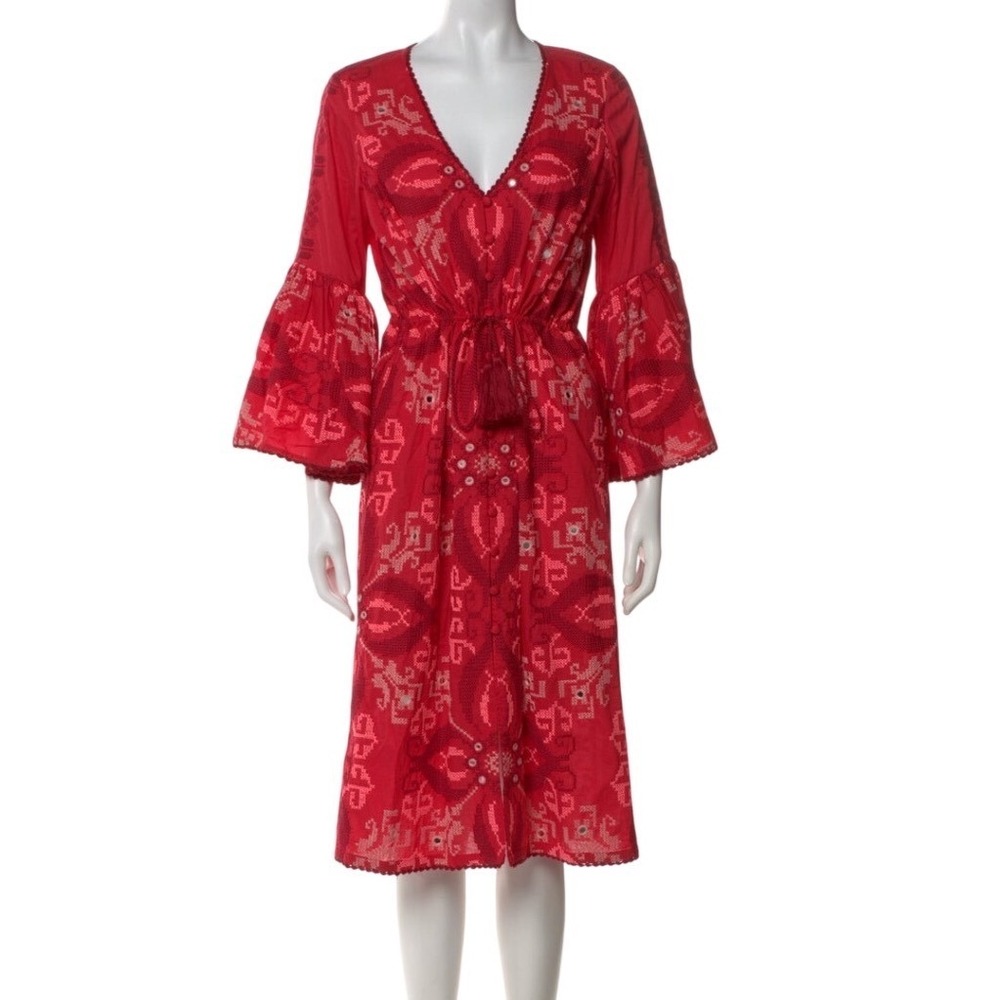 Figue Minette Boho Red Midi Dress Red Bell Sleeve Tassel Embroidered L